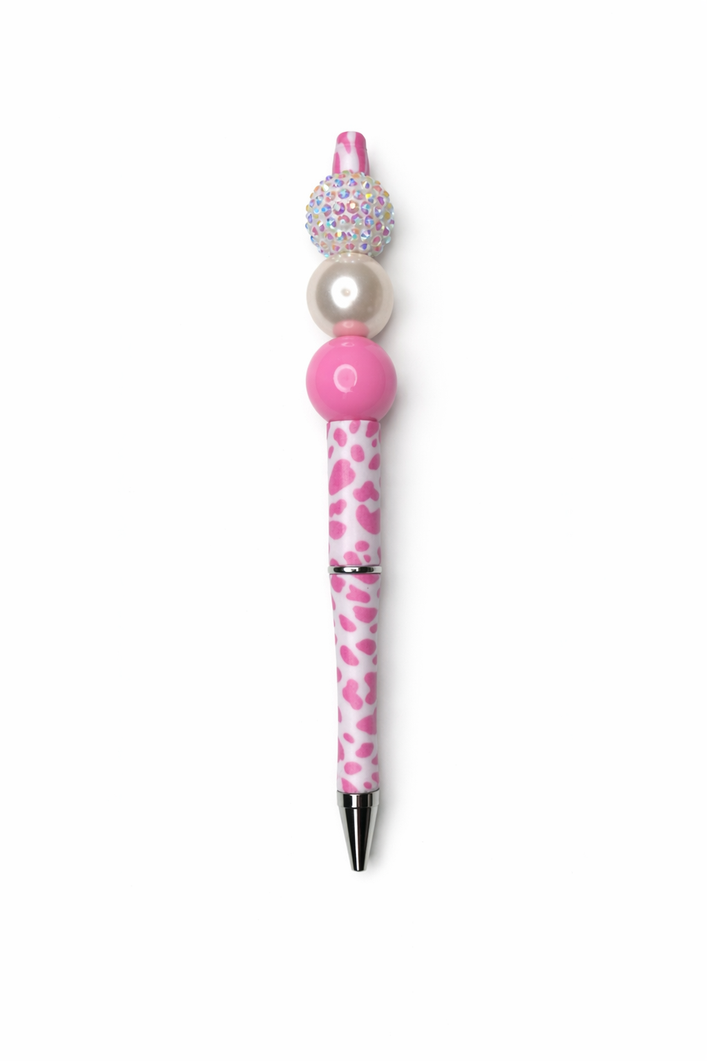 Pink Animal Print Beaded Pen with Sparkly Iridescent & Champagne Pearl Accents