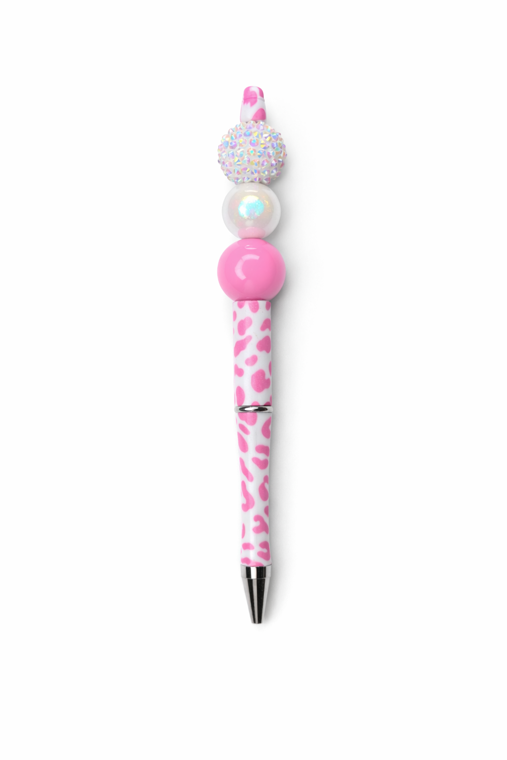 Pink Animal Print Beaded Pen – White Sparkle Top & Iridescent Pearl Accent