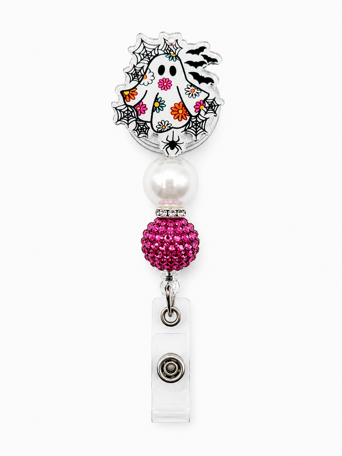 Ghost with Flowers Badge Reel – Handmade Beaded Retractable ID Holder