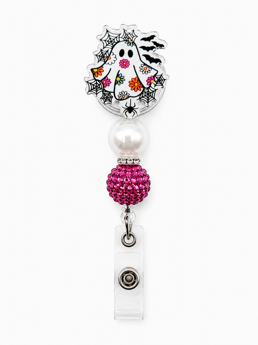 Ghost with Flowers Badge Reel – Handmade Beaded Retractable ID Holder