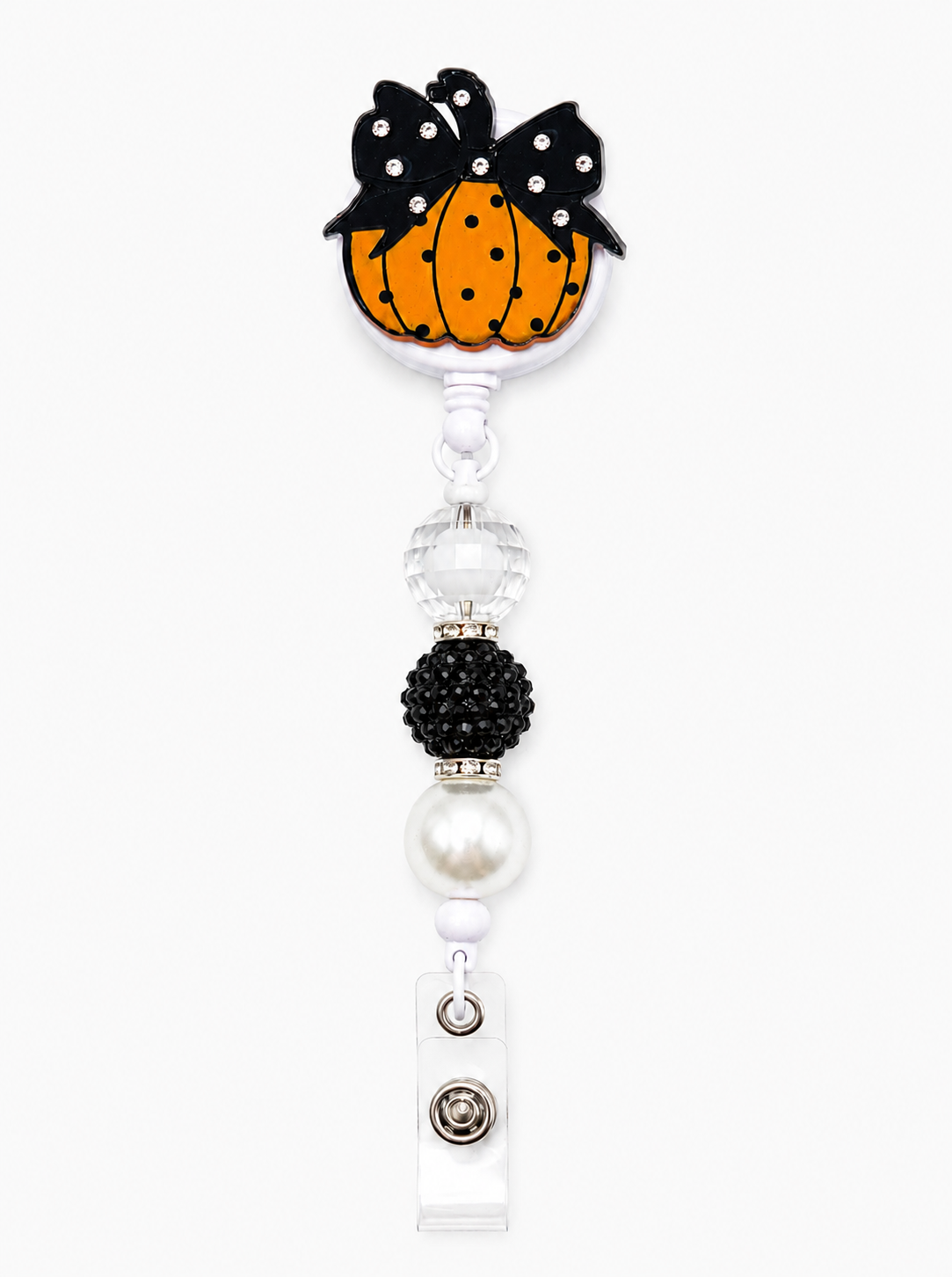 Black Bow Pearl & Crystal Beaded Pumpkin Badge Reel – Fall ID Badge Holder
