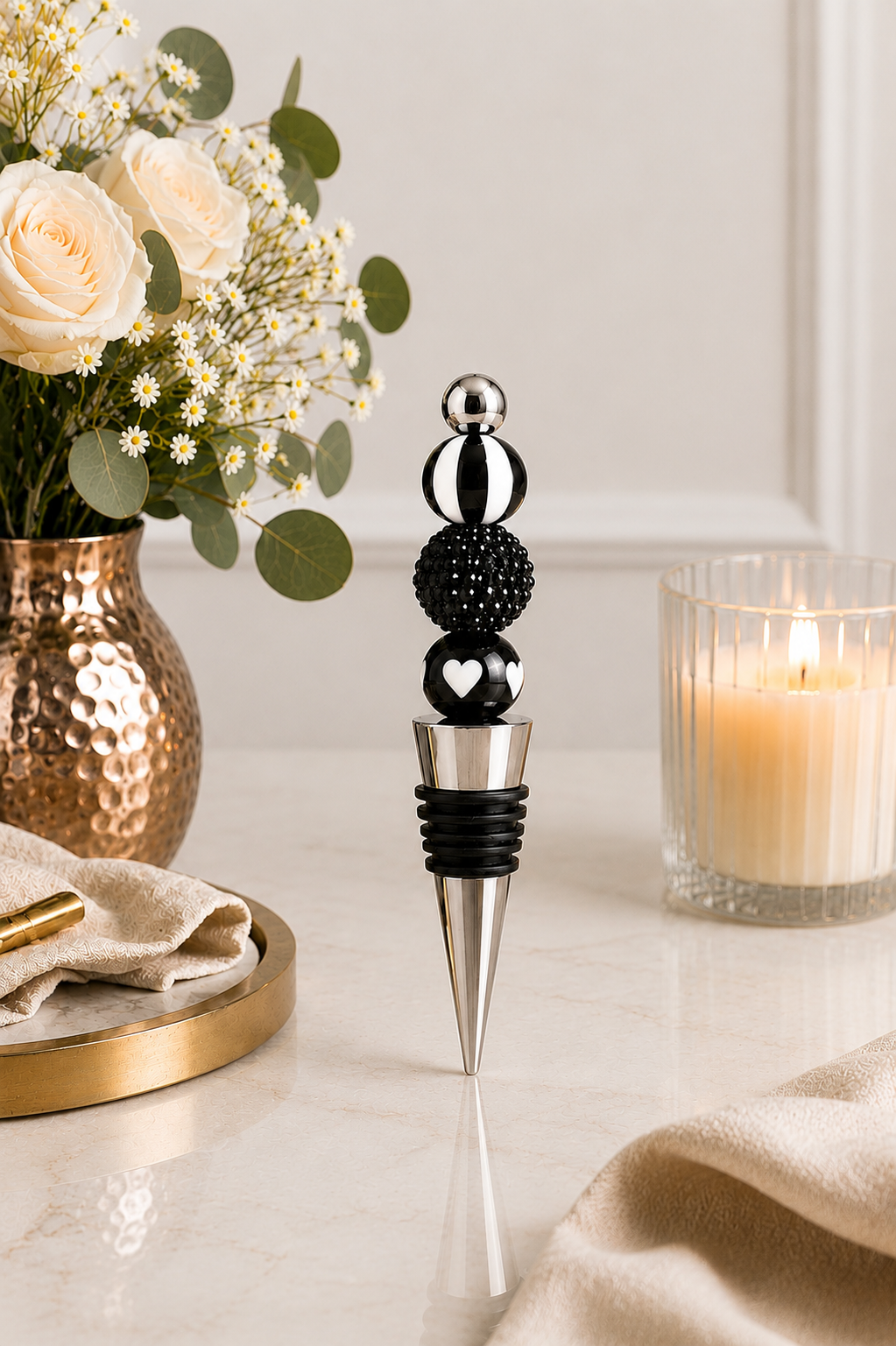 Black & White Rhinestone Handmade Wine Bottle Stopper