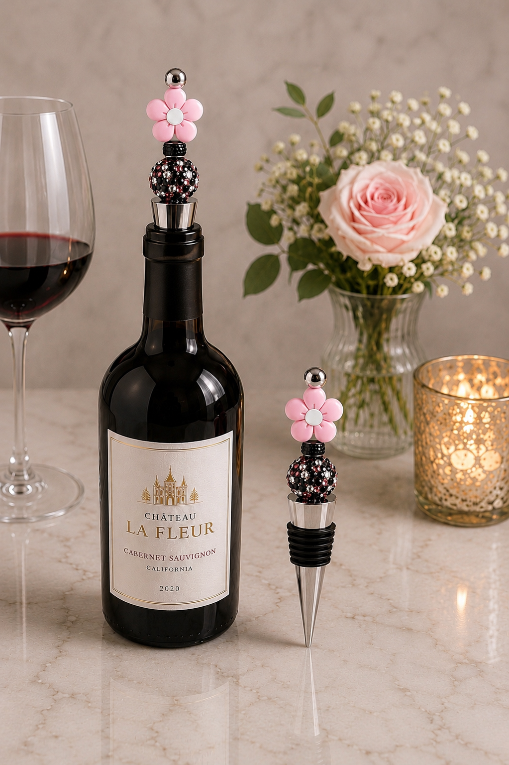 Pink Daisy Handmade Wine Bottle Stopper - Beads and Glimmer
