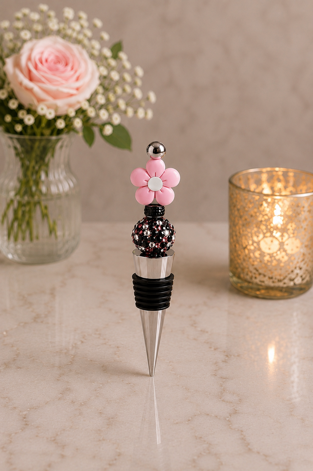 Pink Daisy Handmade Wine Bottle Stopper - Beads and Glimmer