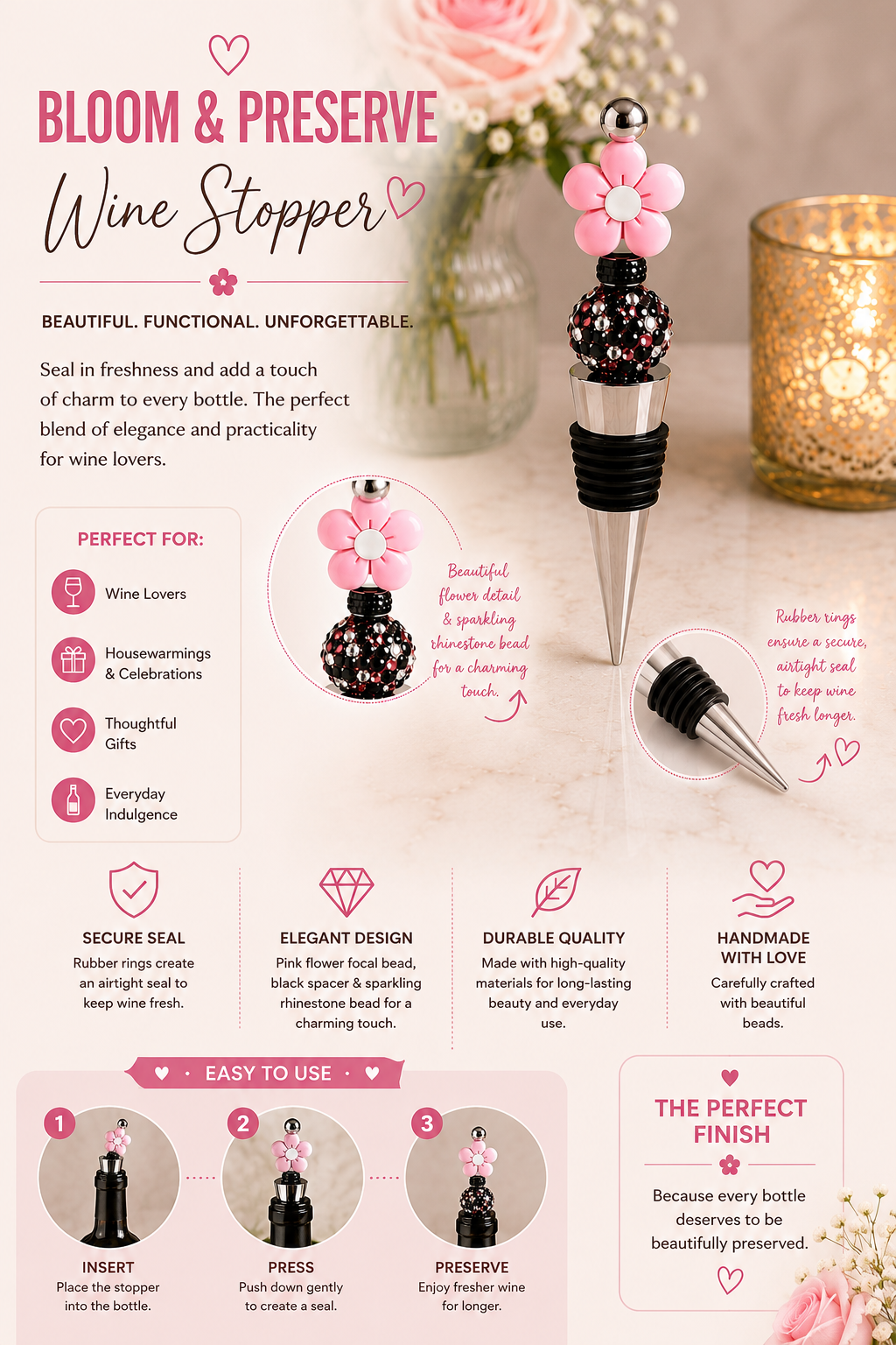 Pink Daisy Handmade Wine Bottle Stopper - Beads and Glimmer