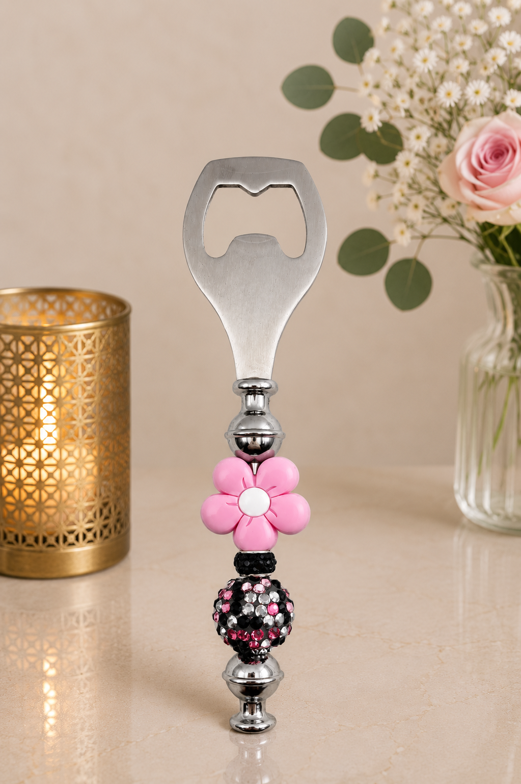 Pink Daisy Rhinestone Bottle Opener – Handmade Wine Lover Gift