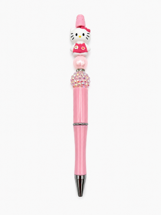 Pink Kitty Beaded Pen with Sparkly Bead - Cute Handmade Hello Kitty Ballpoint Pen