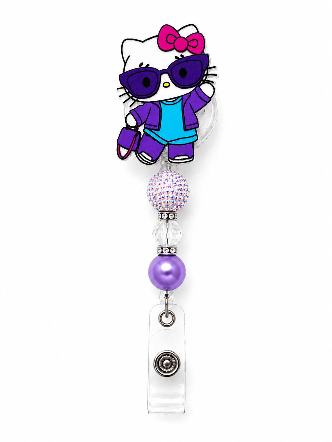 Cute Kitty Sparkle Badge Reel – Purple Pearl & AB Rhinestone Design with Transparent Flip-Top ID Holder