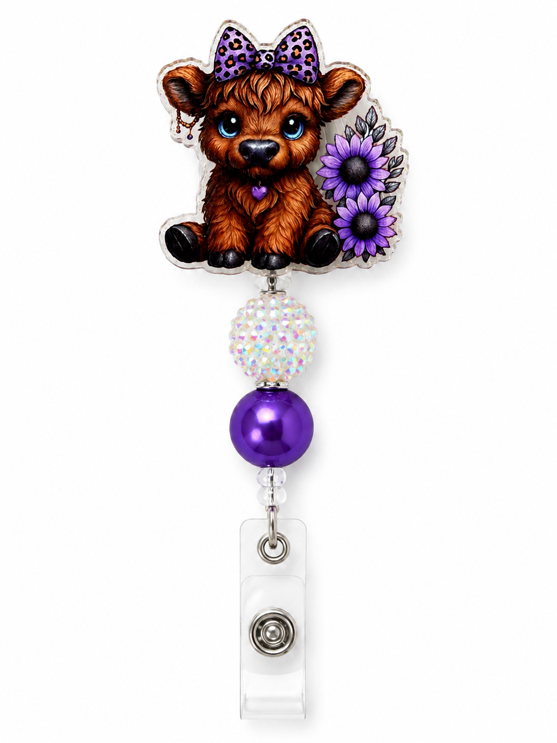 Cute Highland Cow Badge Reel with Purple Flowers & Sparkle Beads