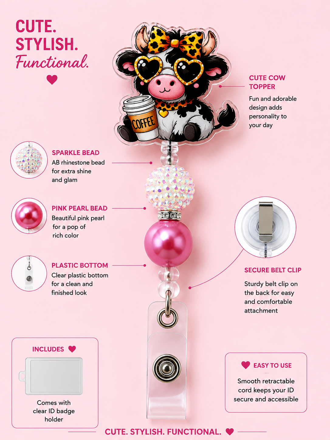 Cute Coffee Cow Badge Reel – Pink Pearl & AB Rhinestone Beaded ID Holder