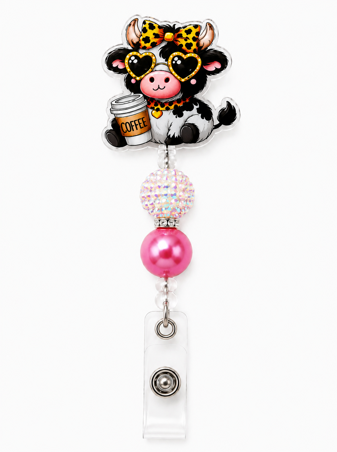 Cute Coffee Cow Badge Reel – Pink Pearl & AB Rhinestone Beaded ID Holder