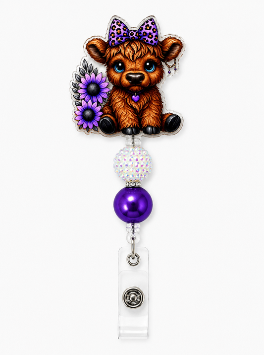 Cute Highland Cow Badge Reel with Purple Flowers & Sparkle Beads