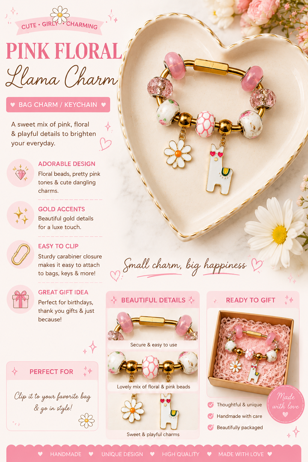 Pink Floral Llama Brass Carabiner Bag Charm – Beaded Purse Charm & Keychain