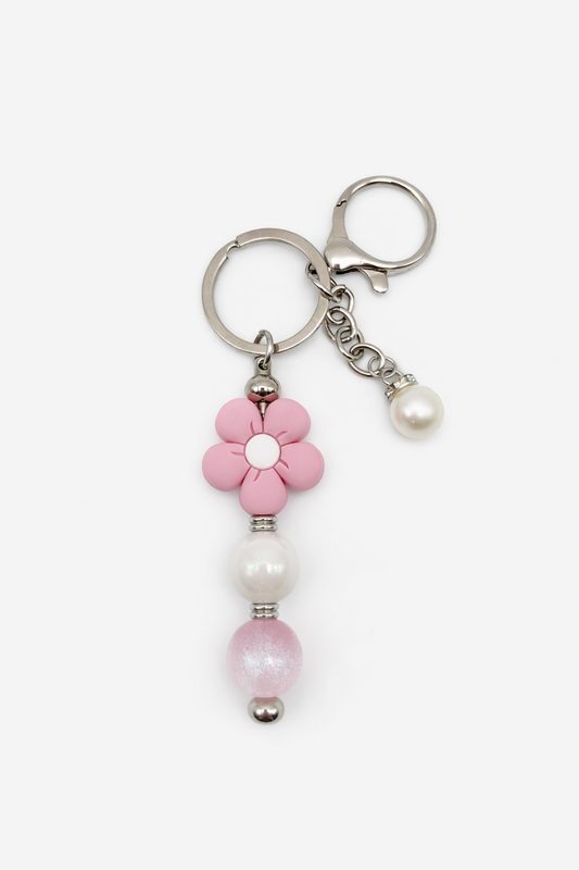 Pink Daisy Beaded Keychain with Pearl Charm – Handmade Floral Keychain Accessory