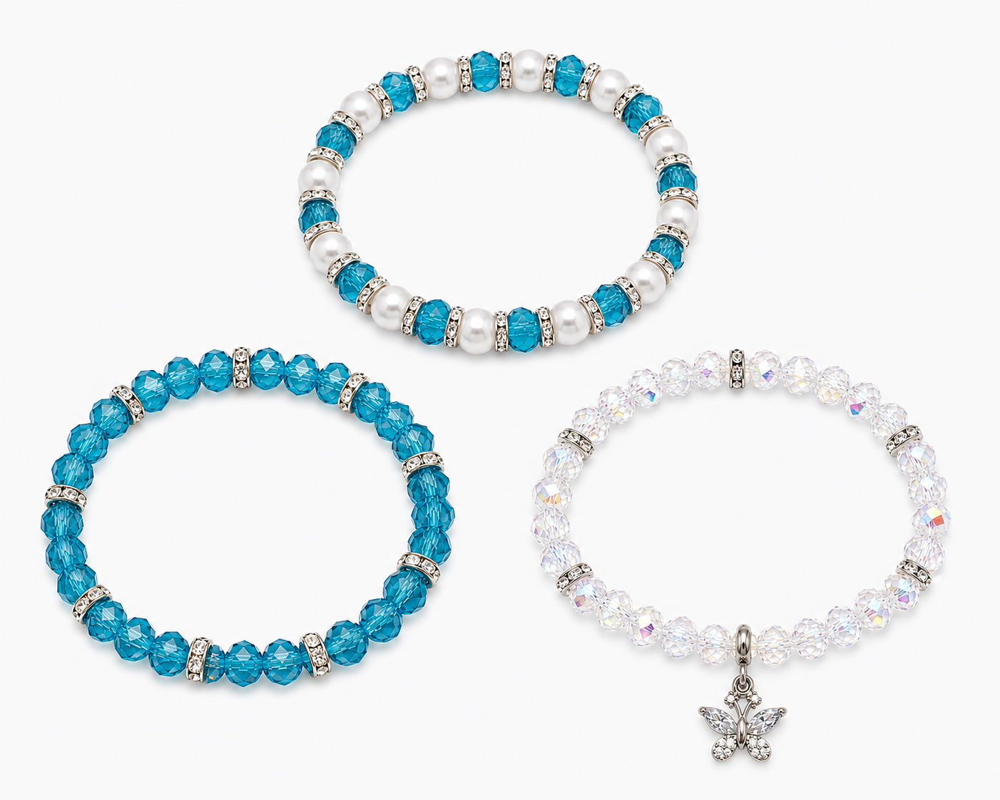 Lake Blue Butterfly Charm Trio Stack Bracelet Set