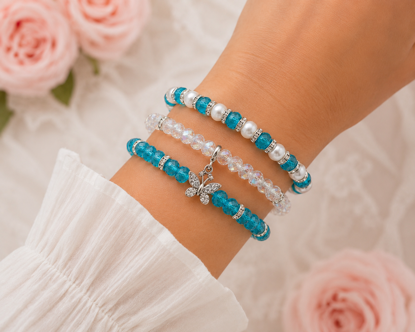 Lake Blue Butterfly Charm Trio Stack Bracelet Set