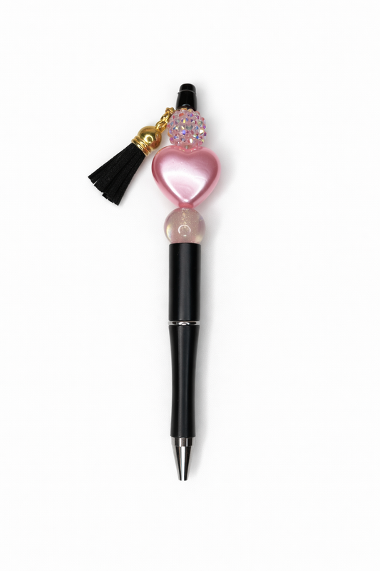 Pink Heart Beaded Pen with Black Tassel – Handmade Gift Pen