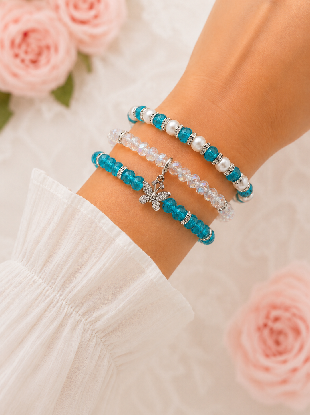 Lake Blue Butterfly Charm Trio Stack Bracelet Set