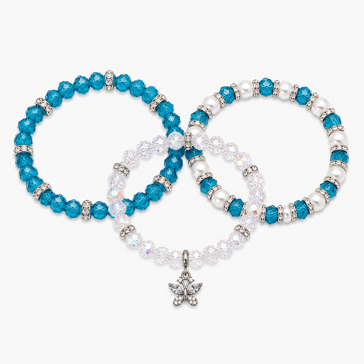 Lake Blue Butterfly Charm Trio Stack Bracelet Set