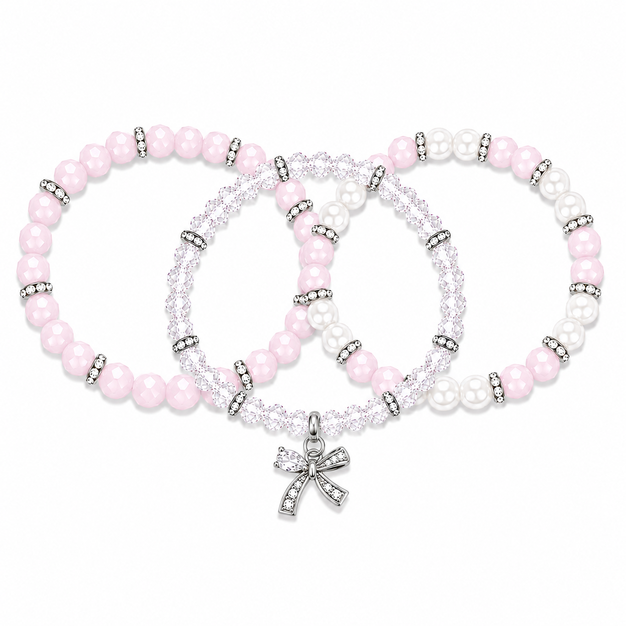 Dreamy Pink Pearl Bow Charm Trio Bracelet Stack