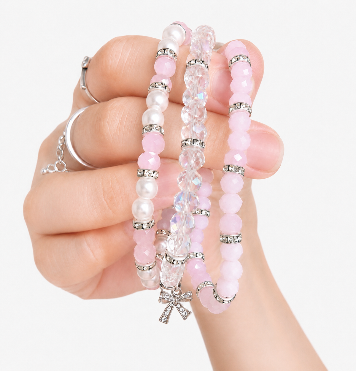 Blush Pink Pearl Bow Charm Trio Bracelet Stack Set