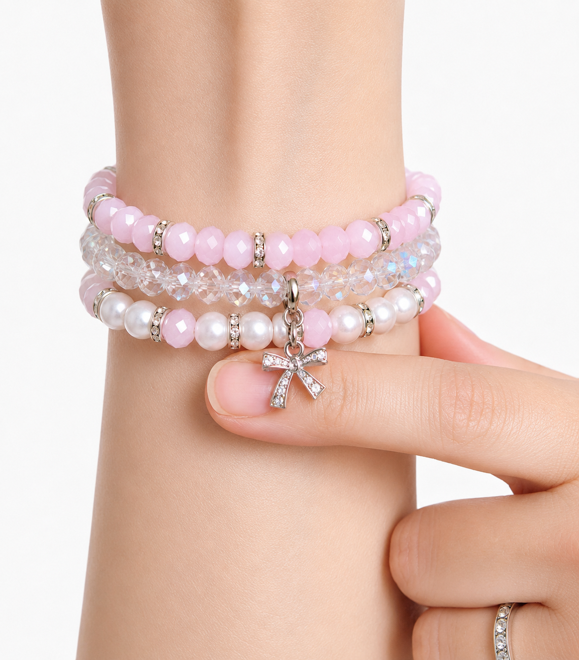 Blush Pink Pearl Bow Charm Trio Bracelet Stack Set
