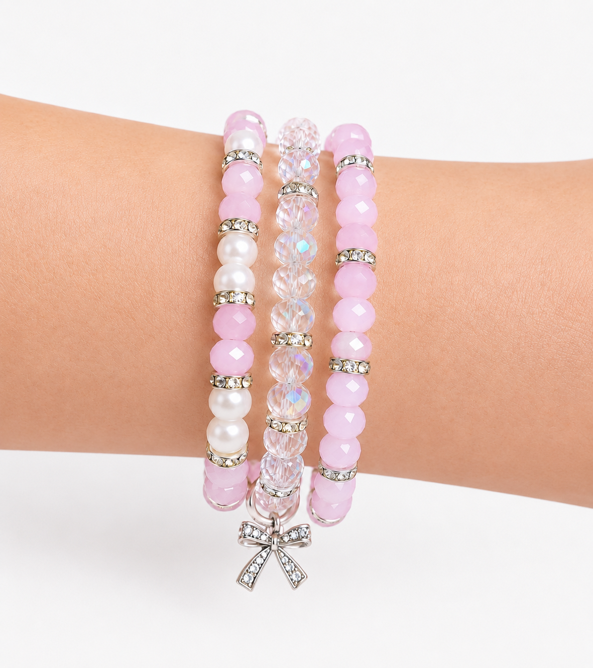 Blush Pink Pearl Bow Charm Trio Bracelet Stack Set