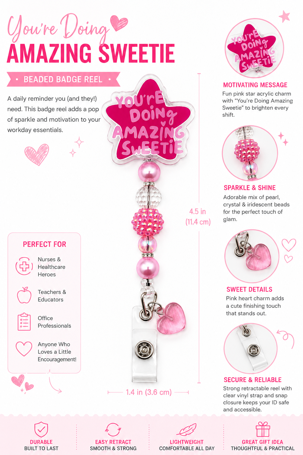 You’re Doing Amazing Sweetie Pink Beaded Badge Reel