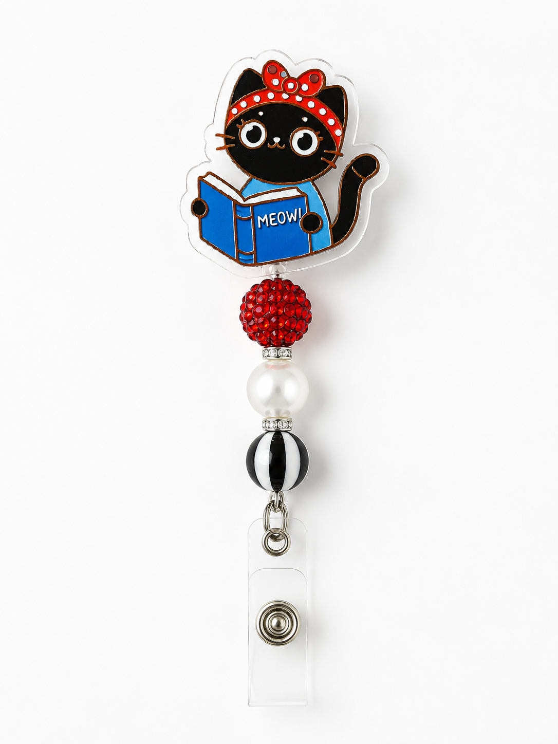 Book Lover Black Cat Badge Reel – Handmade with Red Rhinestone, Pearl & Black Stripe Beads