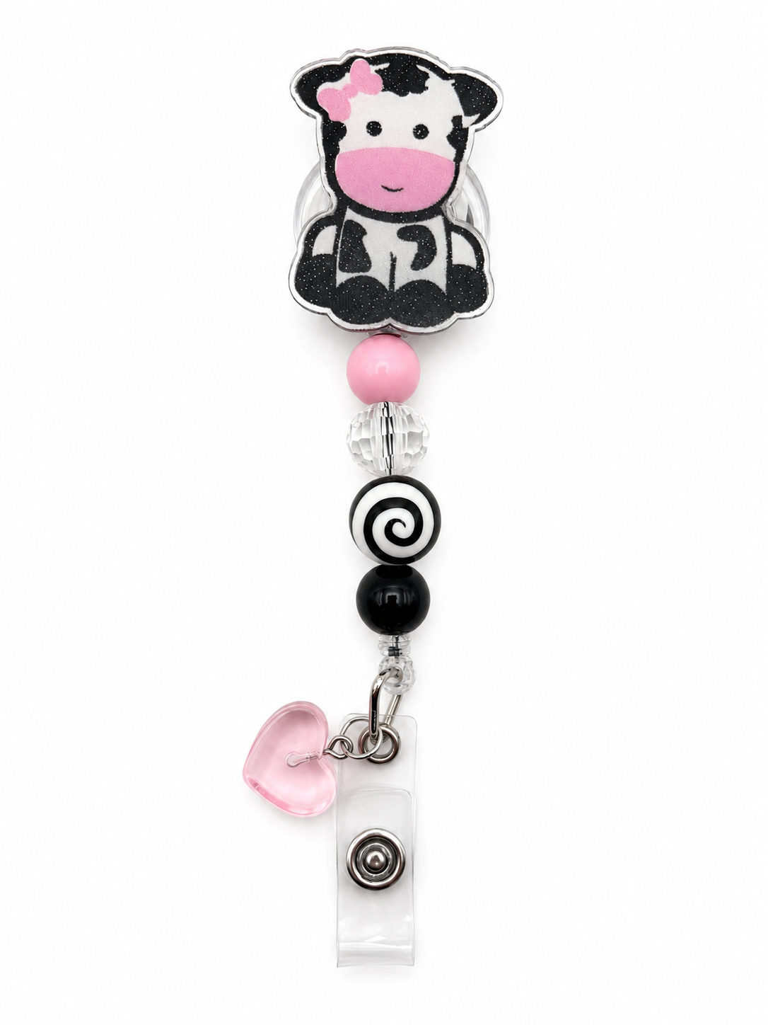 Cow Print Badge Reel with Pink Bow & Heart Charm – Handmade Retractable ID Badge Holder