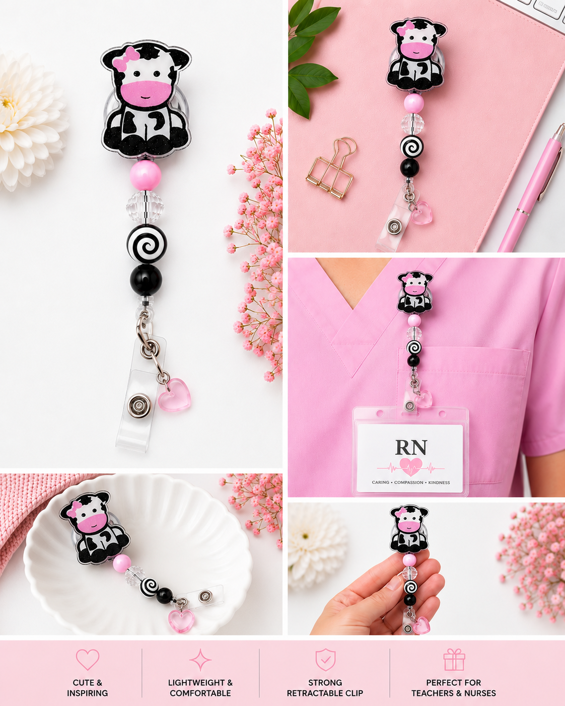 Cow Print Badge Reel with Pink Bow & Heart Charm – Handmade Retractable ID Badge Holder