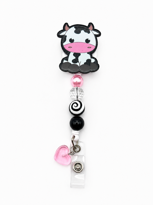 Cow Print Badge Reel with Soft Pink Heart Charm - Pink & Black Cute Cow ID Holder with Swirl Bead