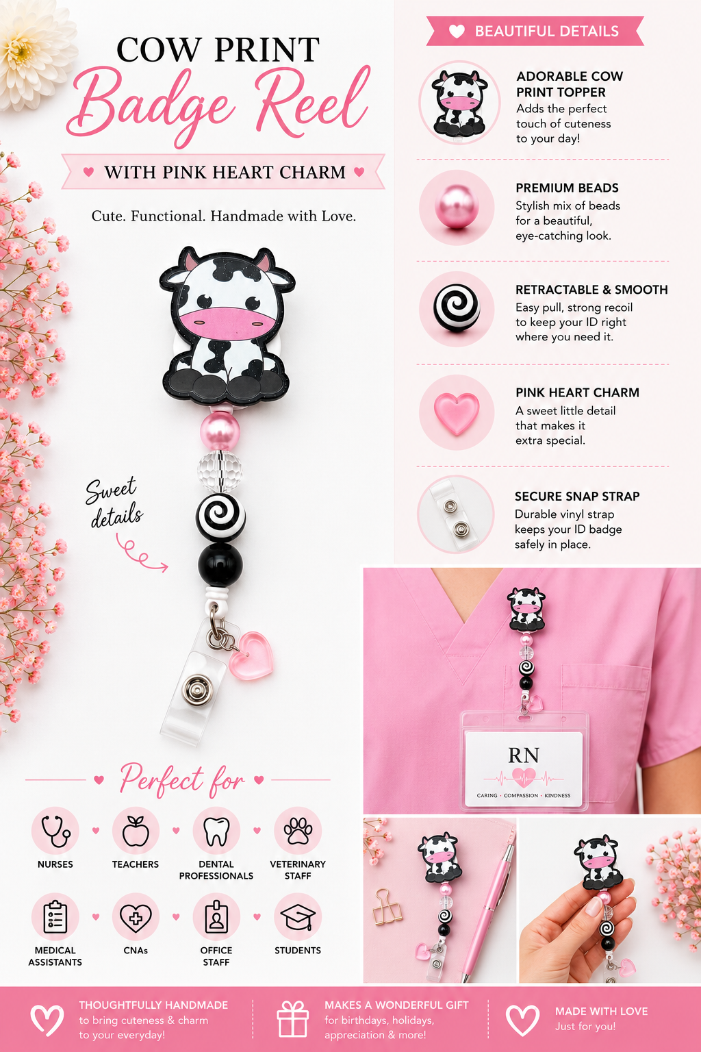 Cow Print Badge Reel with Soft Pink Heart Charm - Pink & Black Cute Cow ID Holder with Swirl Bead