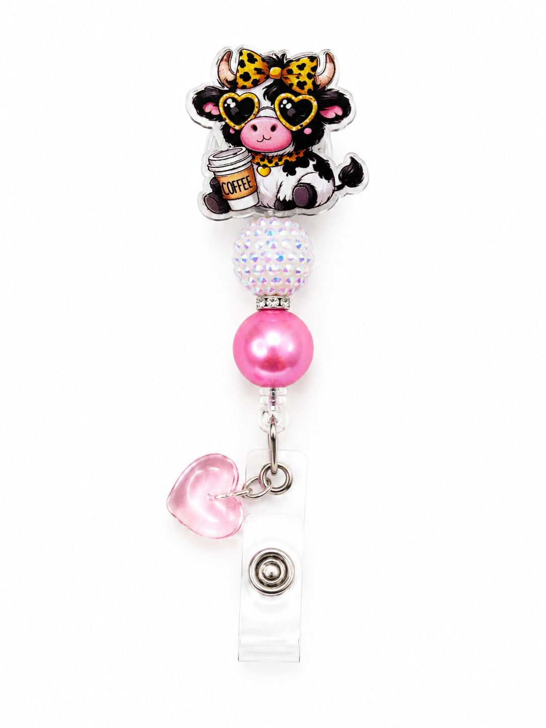 Cute Coffee Cow Badge Reel – Pink Pearl & AB Rhinestone with Soft Pink Heart Charm Beaded ID Holder