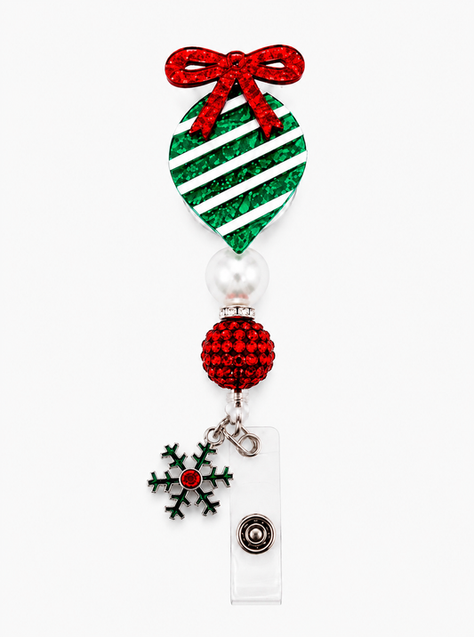 Christmas Ornament Badge Reel with Snowflake Charm - Handmade Beaded Retractable ID Badge Holder