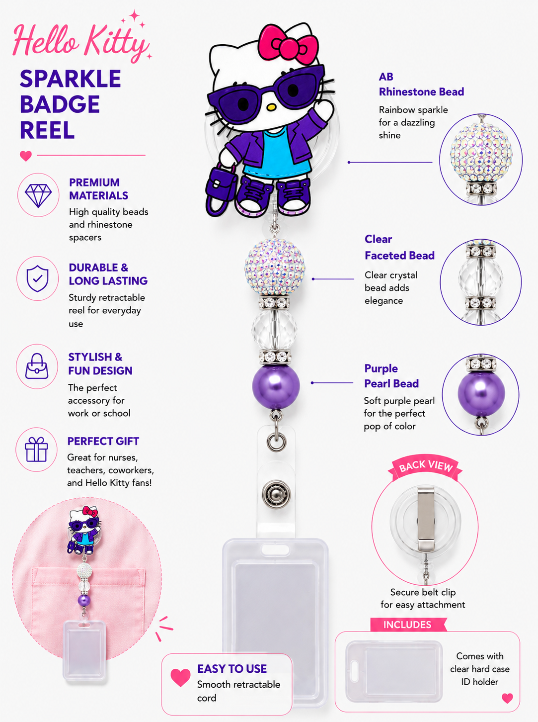 Cute Kitty Sparkle Badge Reel – Purple Pearl & AB Rhinestone Design with Transparent Flip-Top ID Holder