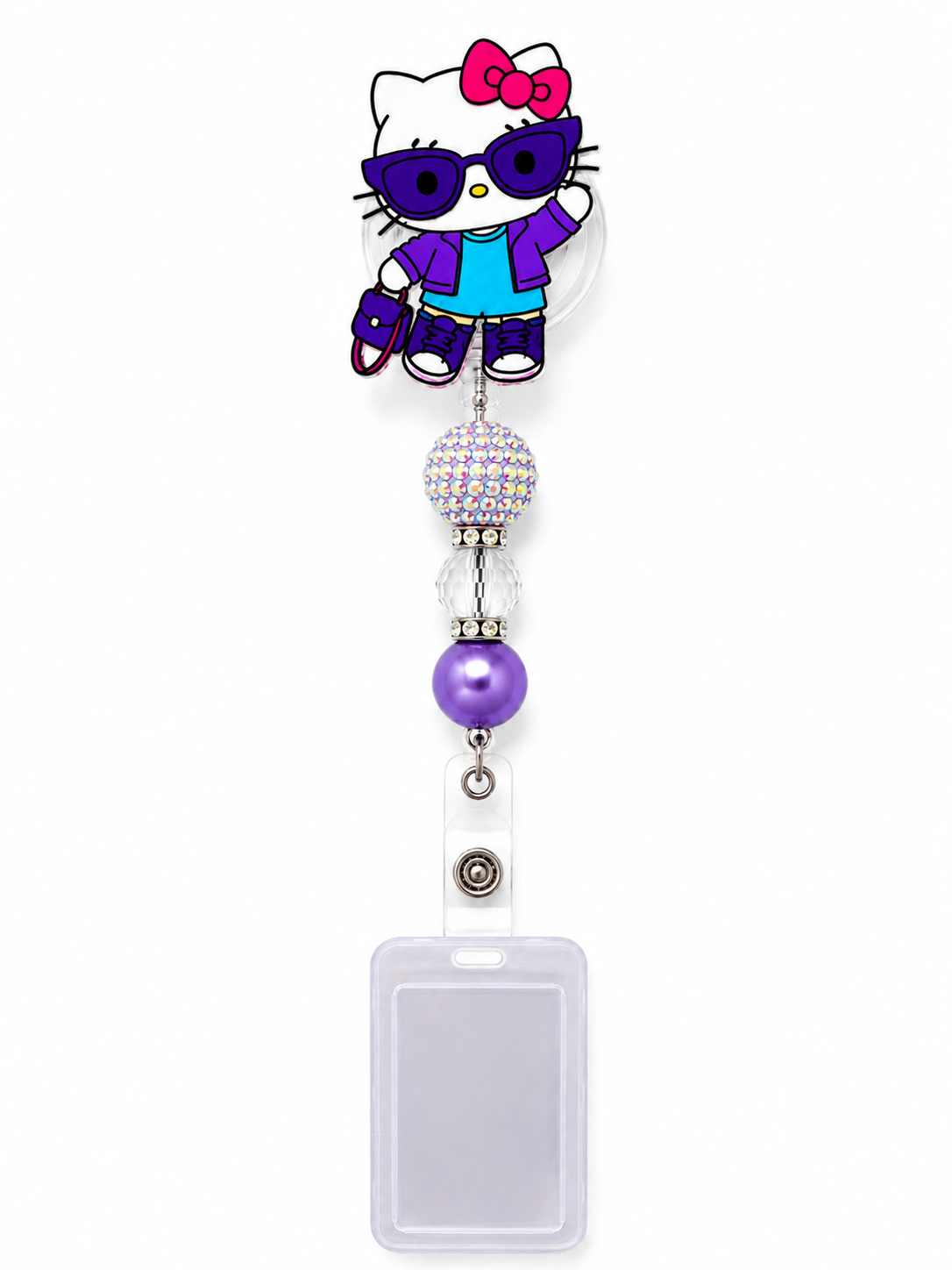 Cute Kitty Sparkle Badge Reel – Purple Pearl & AB Rhinestone Design with Transparent Flip-Top ID Holder