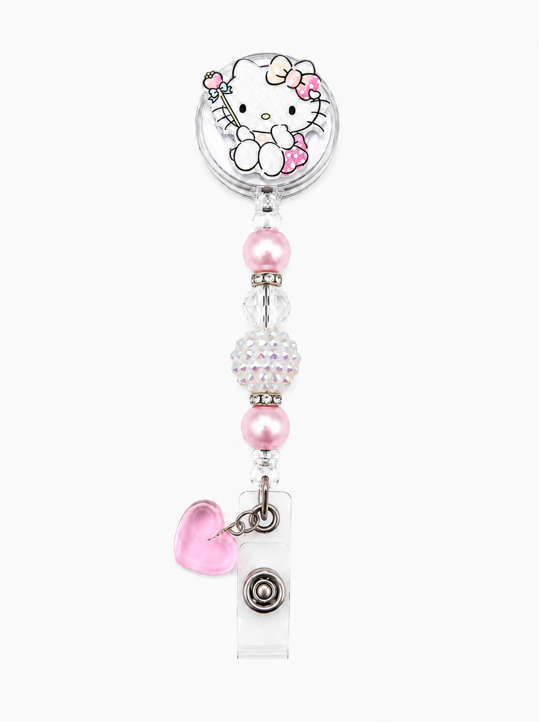 Glitter Kitty Pink Heart Wand Beaded Badge Reel - Handmade Retractable ID Badge Holder
