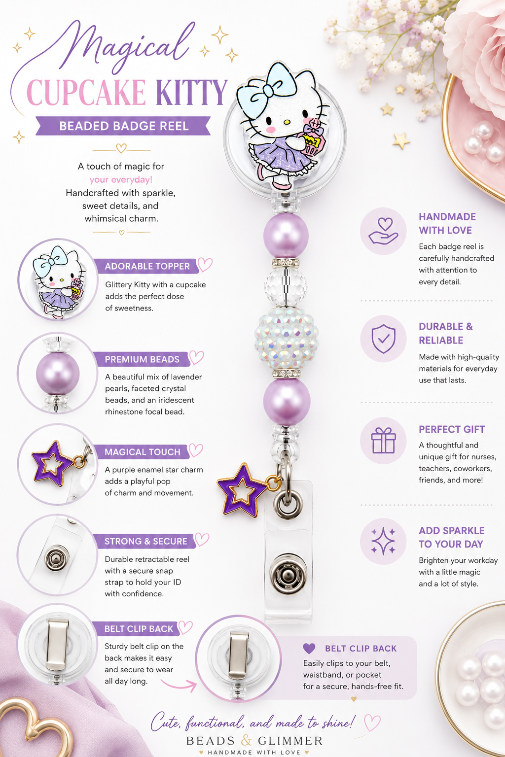 Magical Cupcake Kitty Beaded Badge Reel with Purple Star Charm