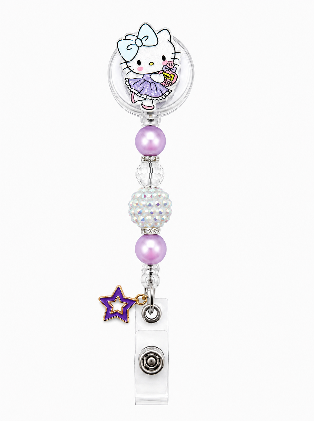 Magical Cupcake Kitty Beaded Badge Reel with Purple Star Charm