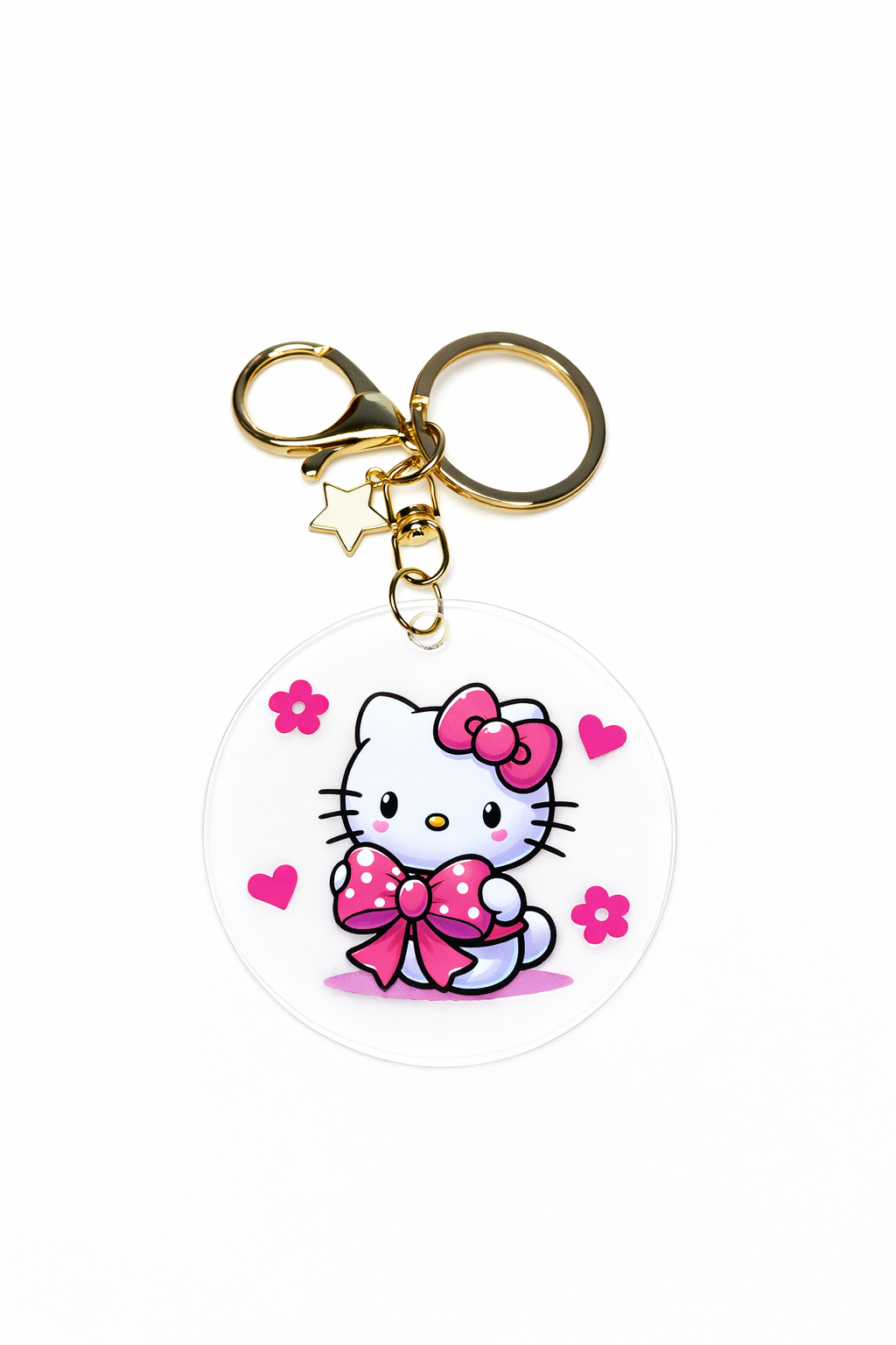 Kitty Pink Bow Acrylic Keychain – Heart & Flower Design