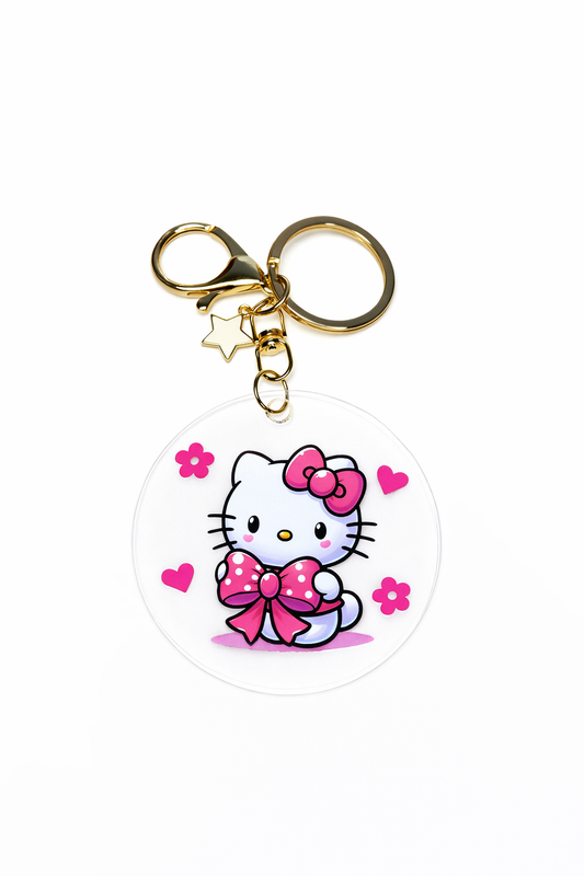 Kitty Pink Bow Acrylic Keychain – Heart & Flower Design