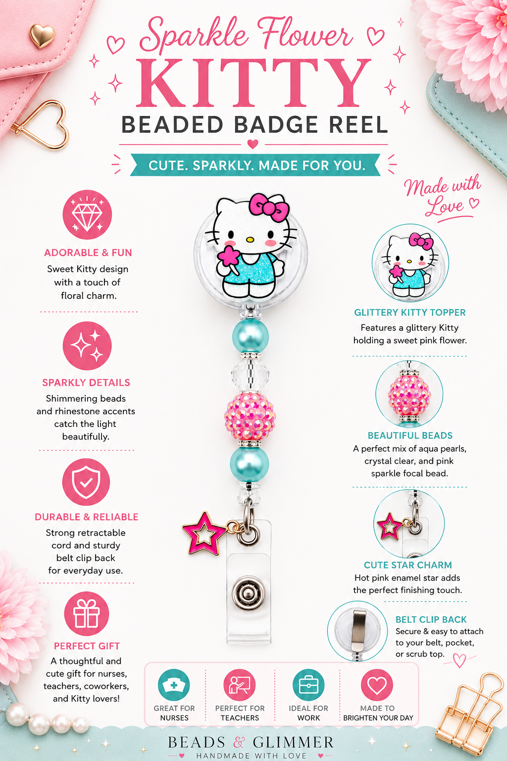 Sparkle Pink Flower Kitty Beaded Badge Reel with Pink Star Charm - Handmade Retractable ID Holder