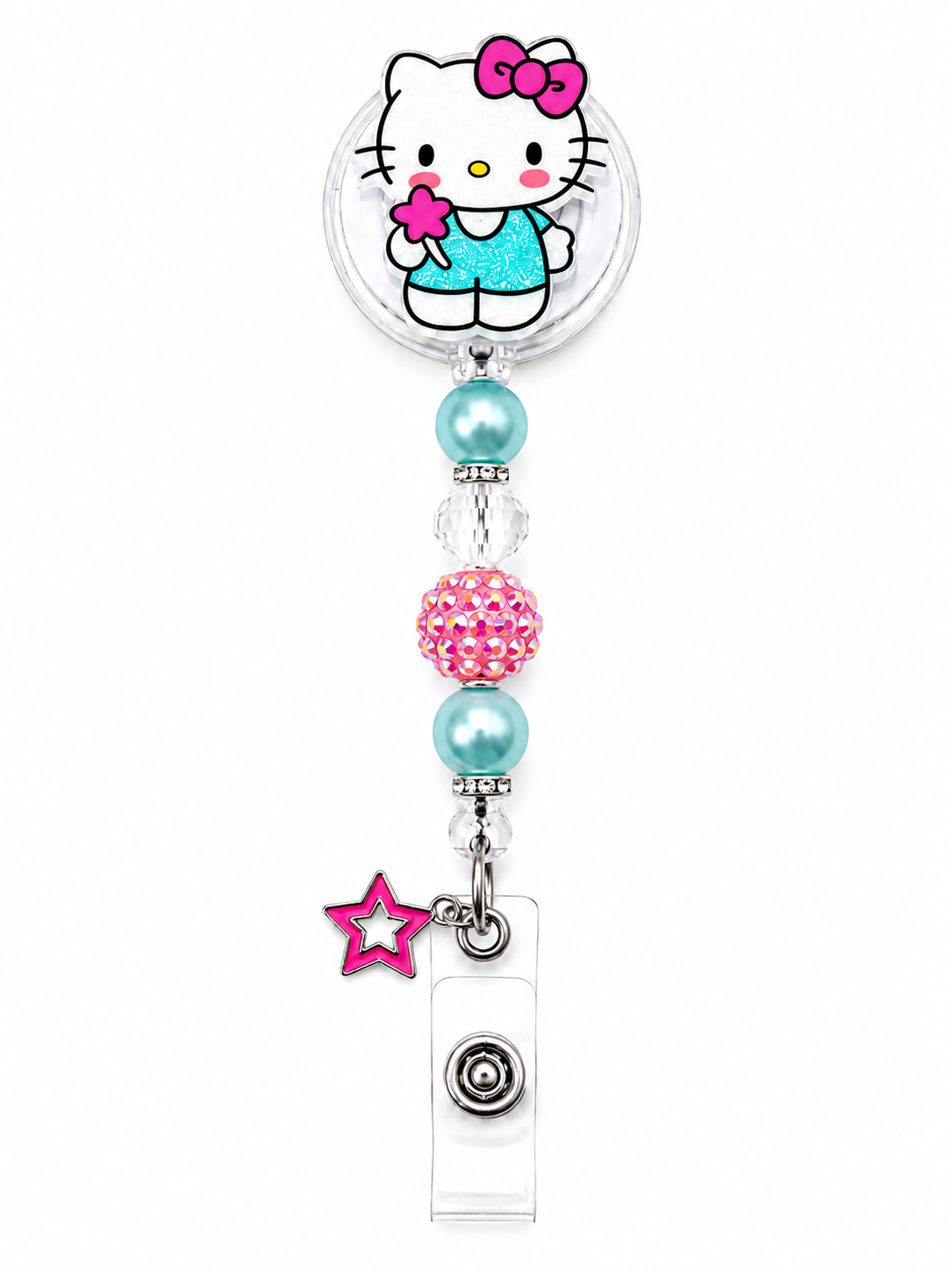 Sparkle Pink Flower Kitty Beaded Badge Reel with Pink Star Charm - Handmade Retractable ID Holder