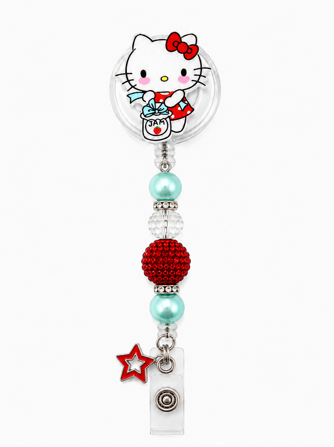 Kitty Jam Badge Reel – Red Rhinestone Bead & Aqua Pearls - Handmade ID Holder