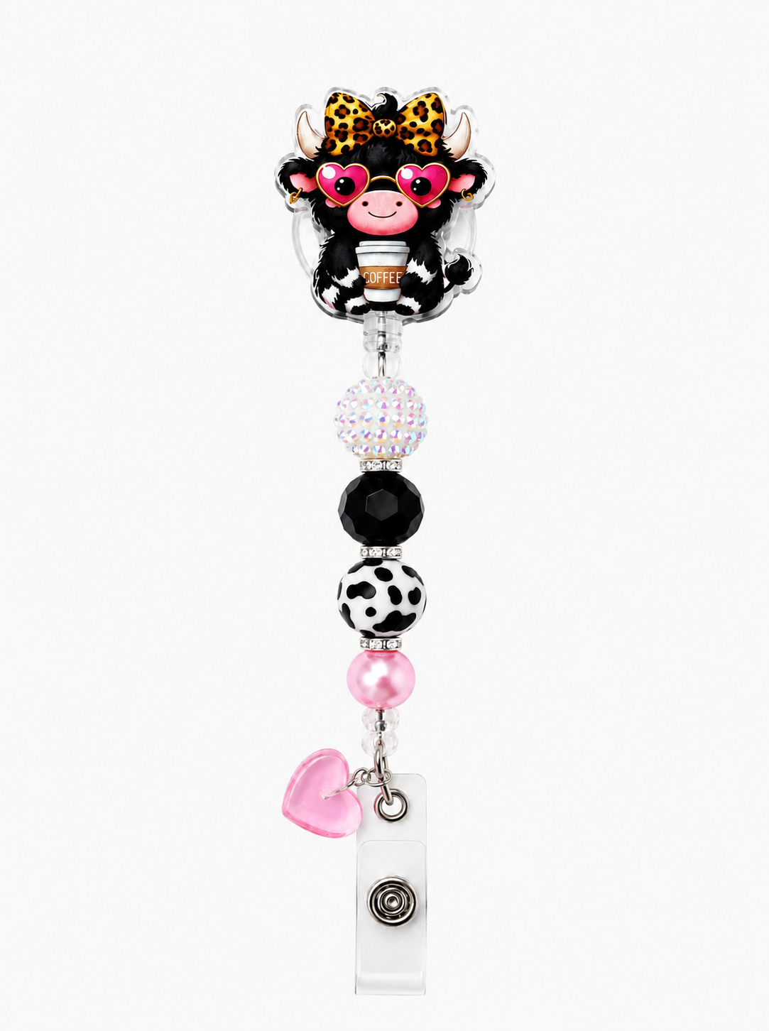 Highland Cow Beaded Badge Reel with Pink Heart Charm