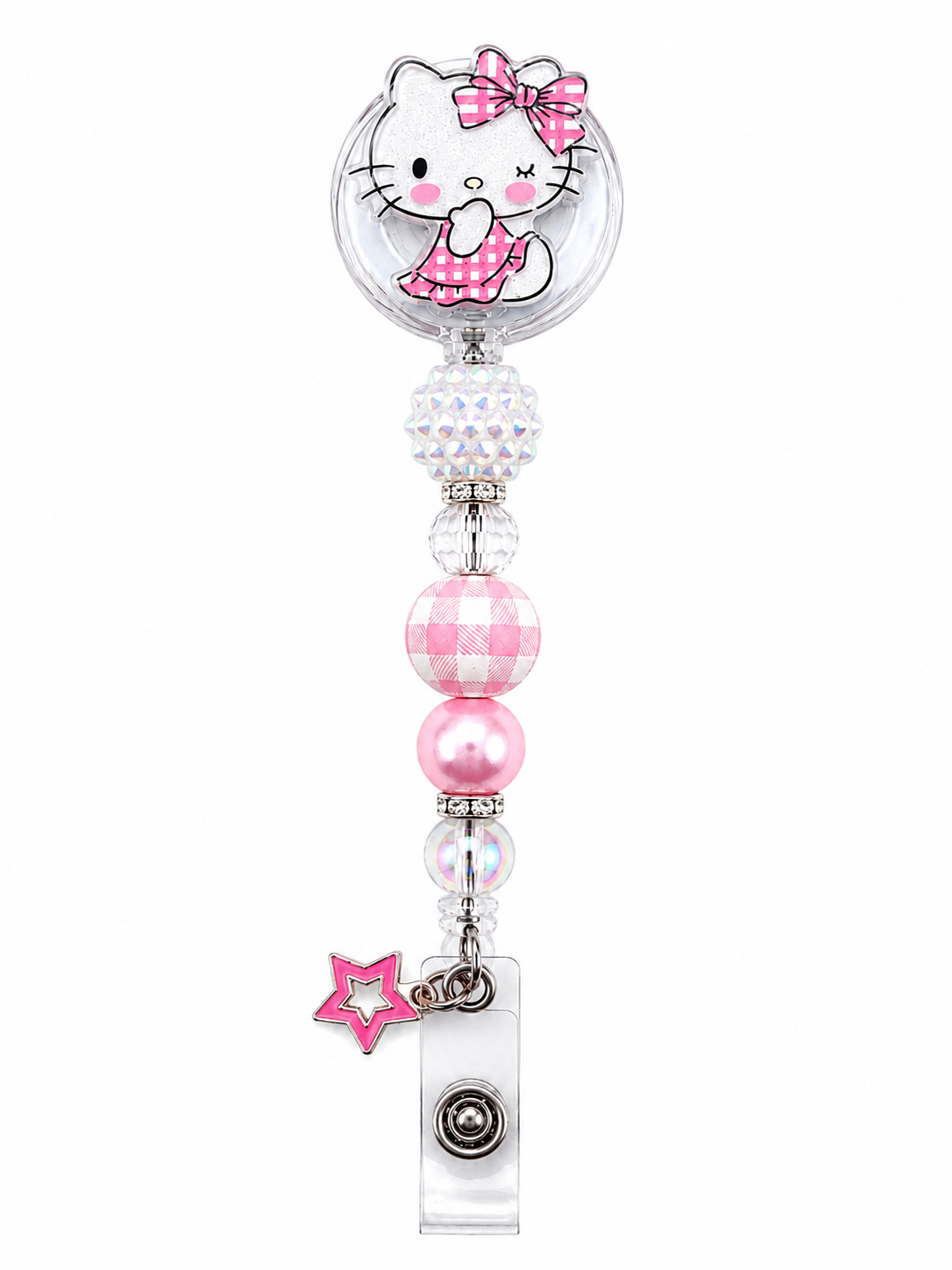 Pink Gingham Hello Kitty Badge Reel – Handmade Beaded Retractable ID Holder