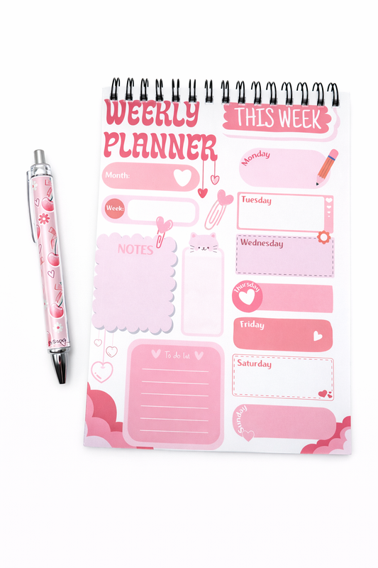 Pink Weekly Planner & Matching Pen Set – Cute, Functional & Gift-Ready