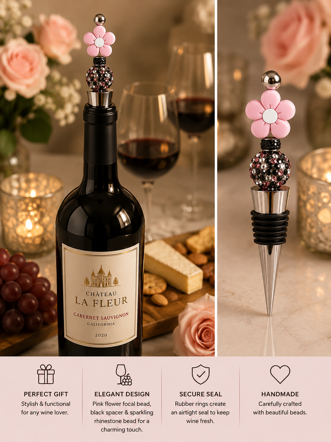 Pink Daisy Handmade Wine Bottle Stopper - Beads and Glimmer