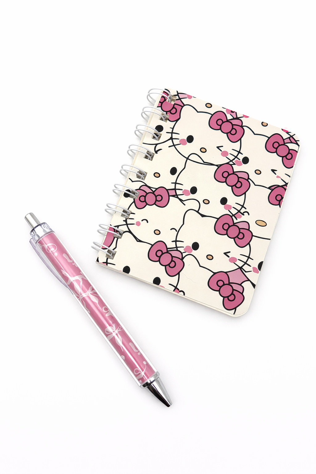 Kitty Cream Pattern Mini Spiral Notebook & Pink Bow Pen Set